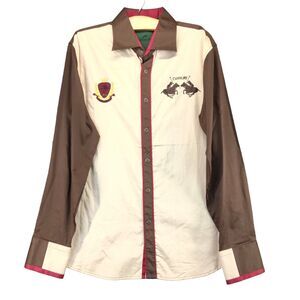 Cavalry Button Down Shirt Mens Large Long Sleeve Brown Embroidered Cotton Casual
